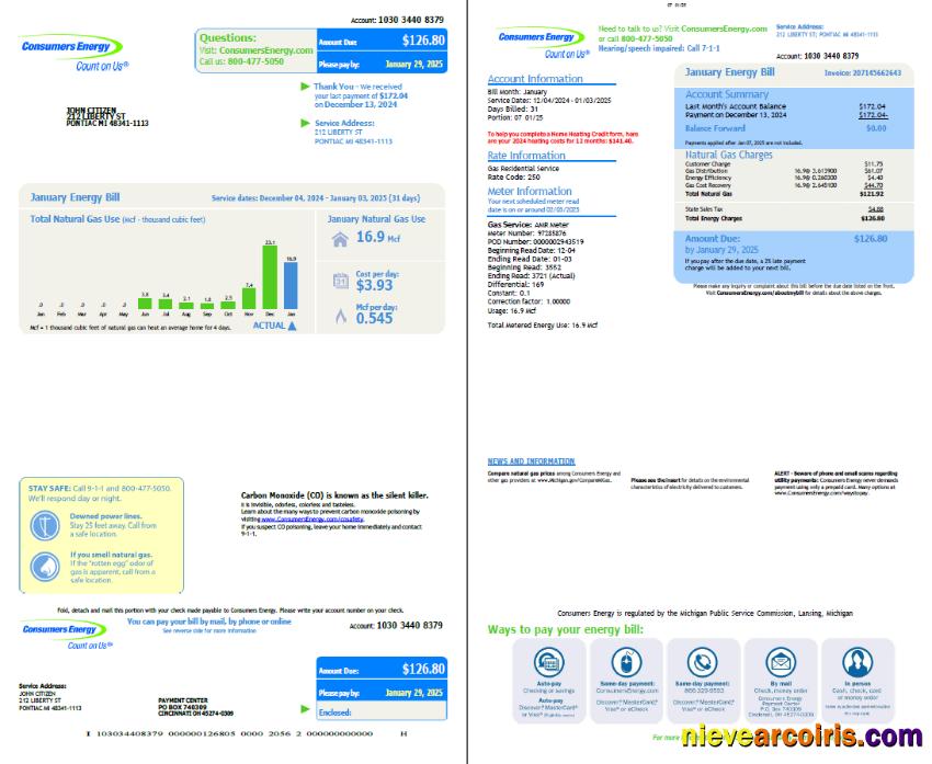 USA Consumers Energy utility bill, 2 pages, vesion 3